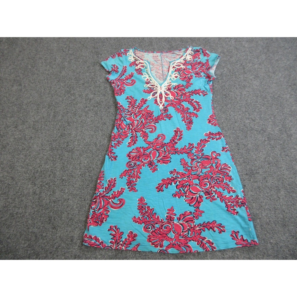 Lilly Pulitzer T Shirt Dress Womens Small Blue Pink Floral V Neck Boho Beach